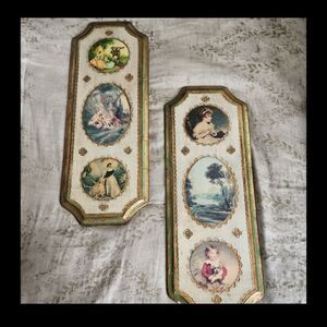 Vintage Italian Florentine Gilded Artisan Figural Art Prints Pair Coquette
